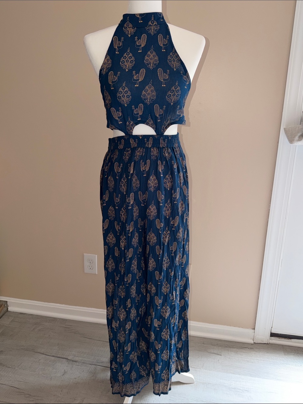 EARTHBOUND Navy Printed Halter Cutout Waist Jumpsuit